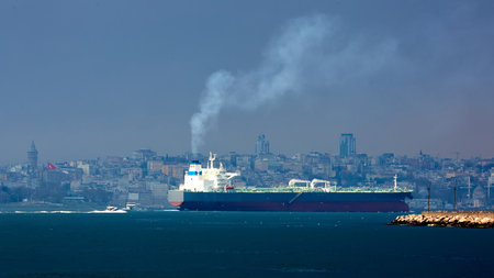 Large tanker sails through the Bosphorus. Istanbul international sailing.の写真素材