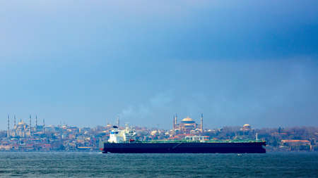 Huge crude oil tanker in Bosphorus Strait, Istanbul, Turkeyの写真素材