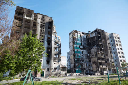 Borodianka, Ukraine, May 28, 2022: Houses destroyed by Russian soldiersの写真素材