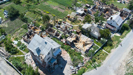 Damaged ruined houses in Chernihiv near Kyiv on north of Ukraineの写真素材