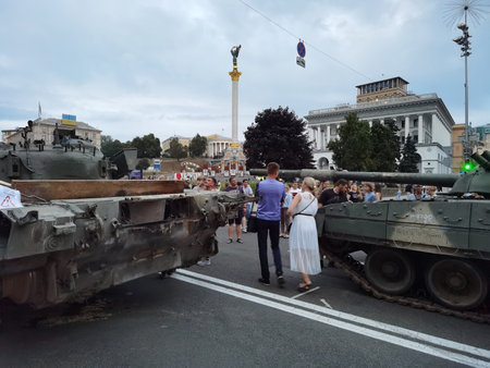 Kyiv, Ukraine - August 24, 2022: Exhibition of destroyed Russian military equipment on Independence Squareのeditorial素材