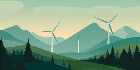 Green energy concept - Silhouette of landscape view of wind power turbine among mountain hillのイラスト素材