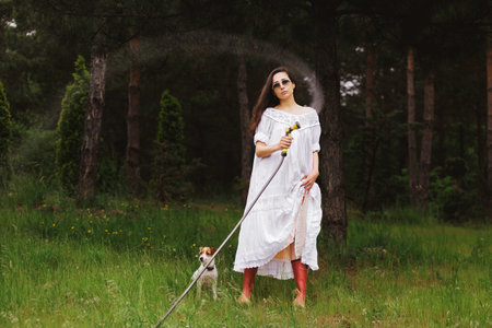 Young fashionable woman watering in the garden. Woman hand with garden hose watering plants, gardening concept.の写真素材