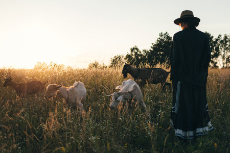 Young woman in the field is grazing her white goats. The girl and goats in the meadow in summer. Love for animals. Goat farm. Pets. Happy woman with animal. Kindness and love for animals. Kisses a petの写真素材