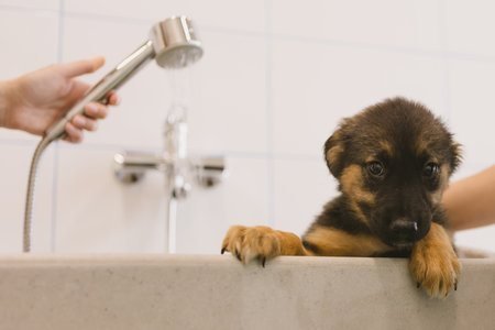 Pet groomer washing dog in grooming salon.Professional animal care service in vet clinic....
