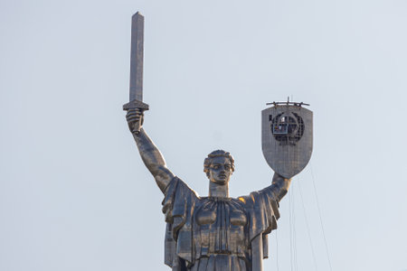 Kyiv, Ukraine - August 1, 2023: A view of Motherland monument after removed of Soviet coat of arms...