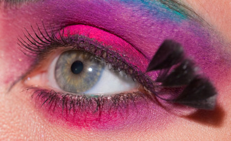 Crop of female eye with colorful make up. Beautiful fashion model with creative art makeup.