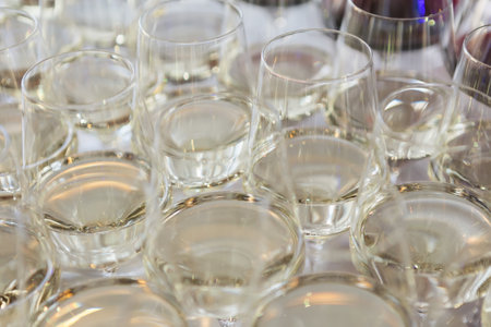 Glasses with white wine. Catering services. Glasses with wine in row background at restaurant party....