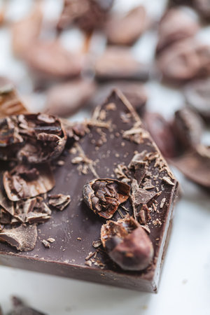 Cocoa beans with chocolate on a white background. Shalllow dof.の写真素材