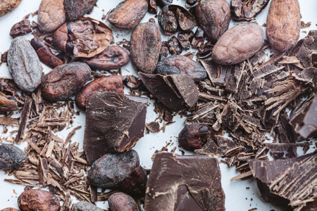 Cocoa beans with chocolate on a white background. Shalllow dof.の写真素材