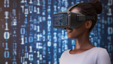 African american woman using virtual reality headset with binary code background