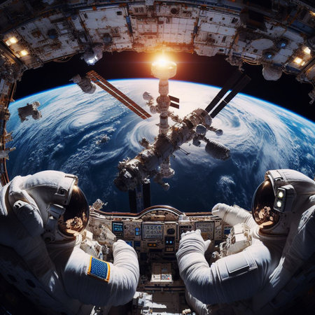 Two astronauts using control panel while orbiting around a planet in a spaceshipの素材