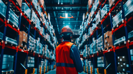 Futuristic Technology Retail Warehouse. Worker Doing Inventory Walks when Digitalization Process Analyzes Goods, Cardboard Boxes, Products with Delivery Infographics in Logistics, Distribution Centerの素材