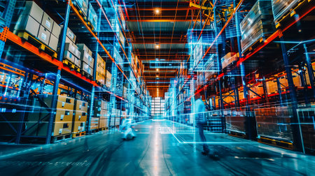 Futuristic Technology Retail Warehouse. Worker Doing Inventory Walks when Digitalization Process Analyzes Goods, Cardboard Boxes, Products with Delivery Infographics in Logistics, Distribution Centerの素材