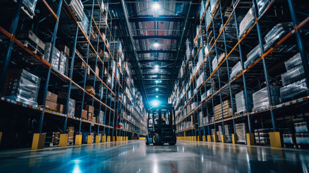 Futuristic Technology Retail Warehouse. Worker Doing Inventory Walks when Digitalization Process Analyzes Goods, Cardboard Boxes, Products with Delivery Infographics in Logistics, Distribution Centerの素材