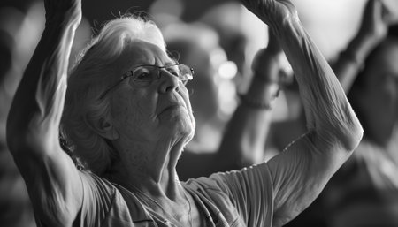 Portrait of aged female doing yoga exercise in sport gymの素材