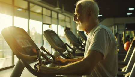 Older white haired man doing exercise in the gym area running on the Treadmill. Active lifestyle for retired people.の素材