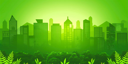 Green City landscape with buildings, hills and trees. Eco and green energy conceptのイラスト素材