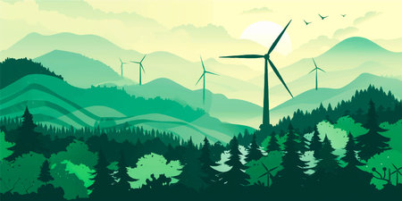 Green energy concept. Silhouette of landscape view of wind power turbine among mountain hill with sky in the early morning and copy space for text in the skyのイラスト素材