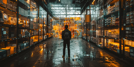 Rear view of a man with a backpack standing in a warehouse.の素材