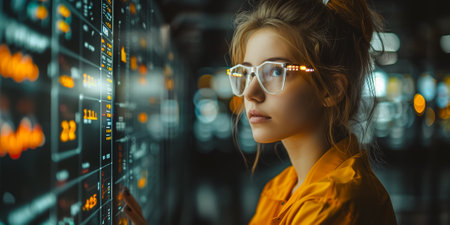Close-up portrait of a girl in a yellow shirt and glasses. Stock exchange.の素材