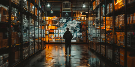 Rear view of a man standing in a warehouse and looking at the world mapの素材