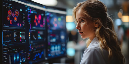 Woman doctor working on computer in office of hospital. Medical staff looking at monitor.の素材