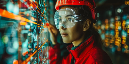 Female Engineer use augmented mixed virtual reality integrate artificial intelligence combine deep, machine learning, digital twin, 5G, industry 4.0 technology to improve management efficiency qualityの素材