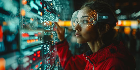 Female Engineer use augmented mixed virtual reality integrate artificial intelligence combine deep, machine learning, digital twin, 5G, industry 4.0 technology to improve management efficiency qualityの素材