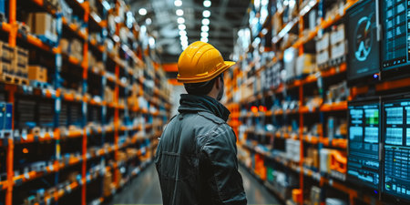 Worker in hard hat and red uniform in warehouse - back view.の素材