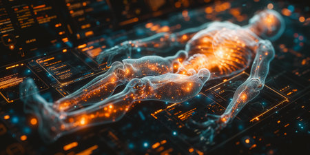 A cybernetic implant user interface, where a multitude of sci-fi HUD elements converge within a single frame, displaying health stats, neural activity, and augmented reality notificationsの素材