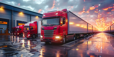 Big distribution warehouse with gates for loads and trucks.の素材