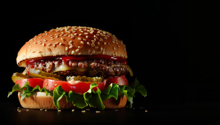 Fresh tasty burger on black background. Shallow dofの素材