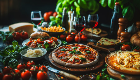 Assorted Italian food set on tableの素材