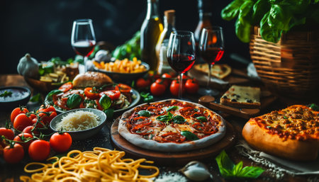 Assorted Italian food set on tableの素材