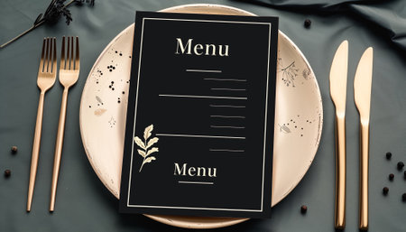 Menu card mockup with festive wedding or birthday table setting. Minimal blank card mockup.の素材