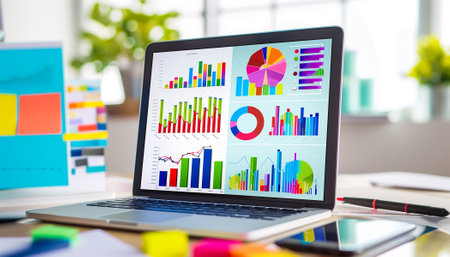 Close up view of laptop screen with financial diagram project statistics, colorful company graphs computer gadget monitor, person look at device analyze corporate finances online, economics conceptの素材