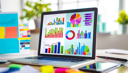 Close up view of laptop screen with financial diagram project statistics, colorful company graphs computer gadget monitor, person look at device analyze corporate finances online, economics conceptの素材