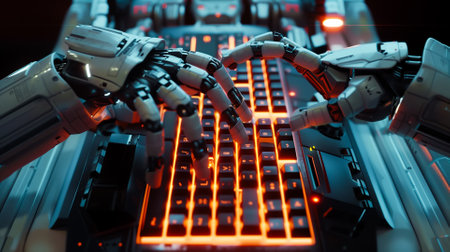 Robot hands using laptop computer typing top angle view artificial intelligence digital futuristic technology concept flat horizontal.の素材