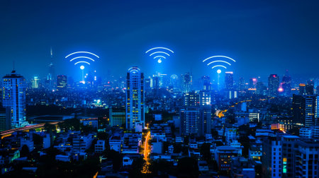 Modern city with wireless network connection and city scape concept. Wireless network and Connection technology concept with city background at night.の素材