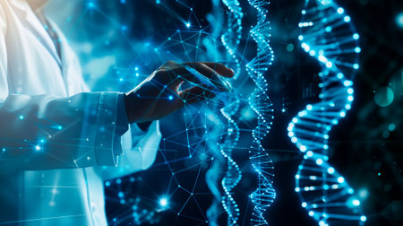 Doctor touch touch presenting DNA molecule research on the white background concept, Creation technologies for connection Mixed media,blurred background using digital network connection 3D renderingの素材