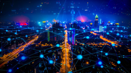 Wireless network and Connection technology concept with city background at night.の素材