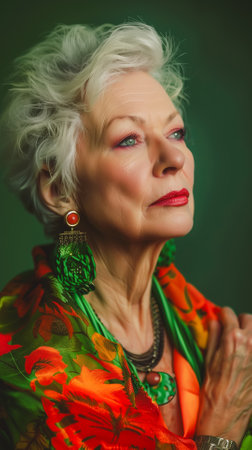 Fashion shoot of mature elegant lady looking away. Modern Agingの素材