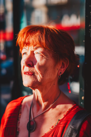 Senior woman enjoying colors at sunset.の素材