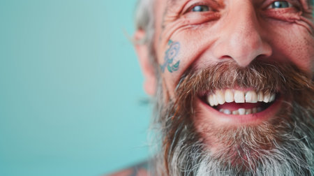 Close up portrait of happy elderly optimist man with tattoo face. Positive and cheerful at any age. Modern Agingの素材