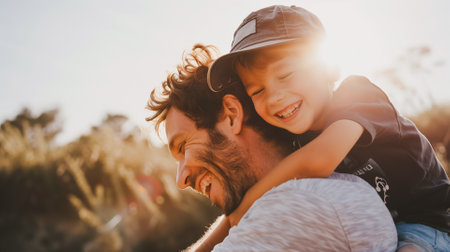 Father, bonding kiss and boy child hug happy in nature with quality time together outdoor. Happiness, laughing and family love of a dad and kid in a park enjoying nature hugging with care and a smileの素材