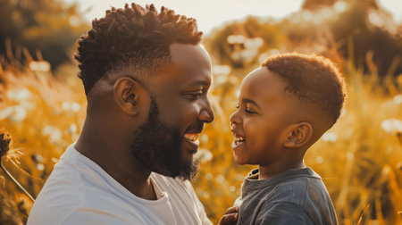 Father, bonding kiss and boy child hug happy in nature with quality time together outdoor. Happiness, laughing and family love of a dad and kid in a park enjoying nature hugging with care and a smileの素材