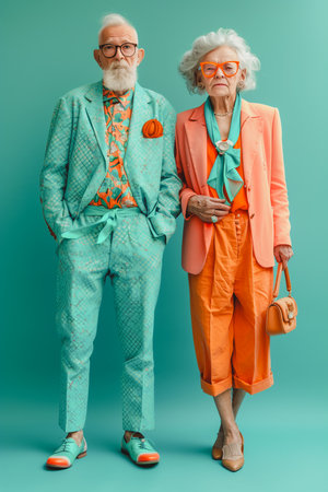 Beautiful senior old couple wearing fancy party clothes acting in studio on a colored background. Conceptual image about third age and seniority, old people feeling young inside.の素材