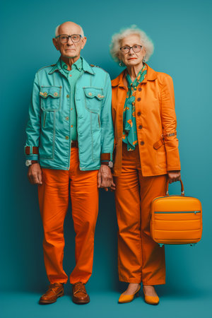 Beautiful senior old couple wearing fancy party clothes acting in studio on a colored background. Conceptual image about third age and seniority, old people feeling young inside.の素材