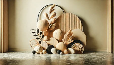 Stylish and modern living room interior featuring neutral tones, natural light, and elegant decor.の素材